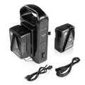 Two FULL PLAY 14.8 V 98 WH rechargeable lithium-ion V-mount batteries with FULL PLAY intelligent dual V-mount battery charger 01_SHAPE_Full_Play_Rechargeable_Batteries_98_Wh_V-Mount__2__with_SHAPE_Full_Play_Intelligent_Dual_Battery_Charger