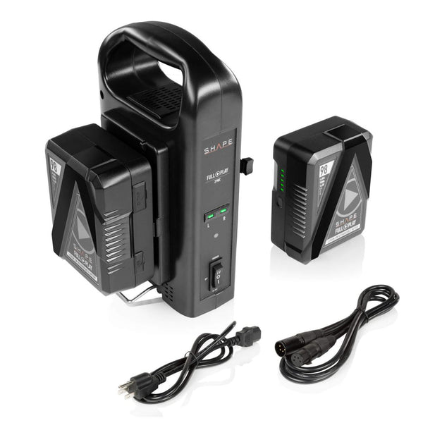 Two FULL PLAY 14.8 V 98 WH rechargeable lithium-ion V-mount batteries with FULL PLAY intelligent dual V-mount battery charger