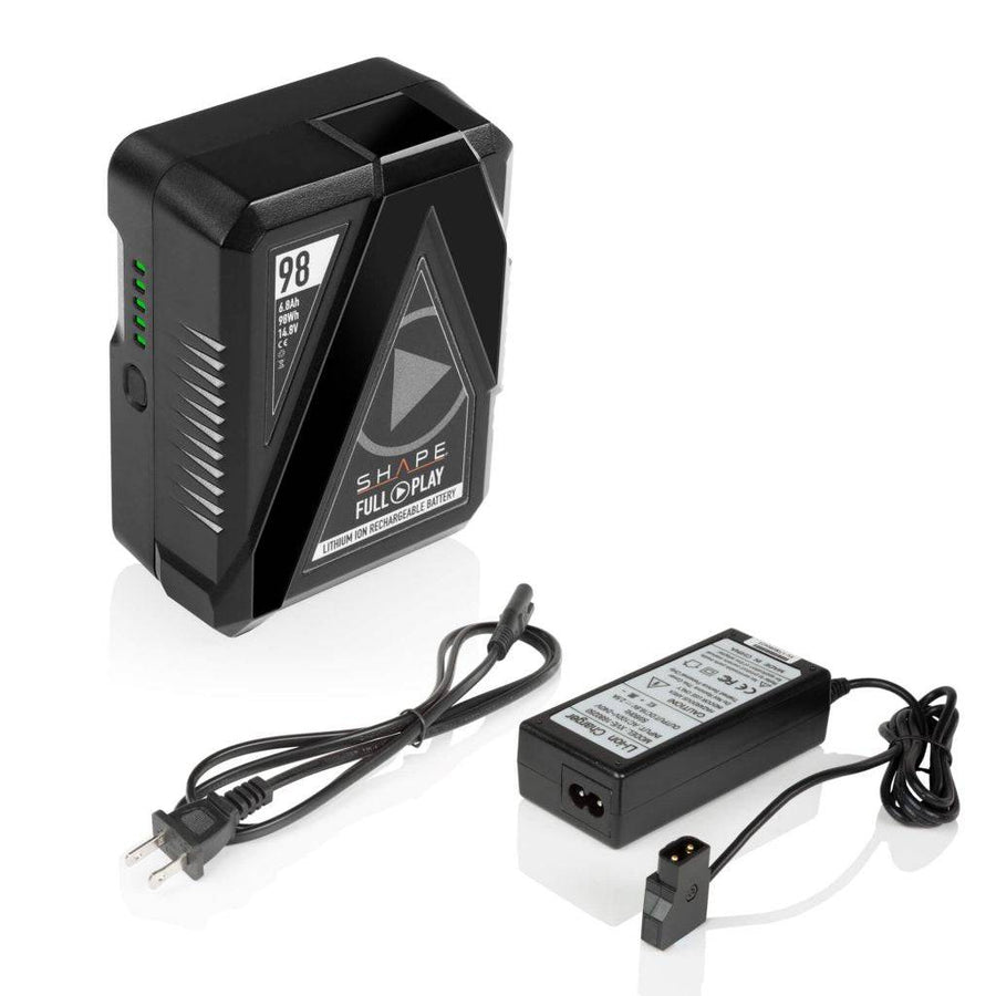 One FULL PLAY14.8 V 98 WH rechargeable lithium-ion V-mount battery with FULL PLAY portable d-tap travel battery charger 01_SHAPE_Full_Play_Rechargeable_Battery_98_Wh_V-Mount_with_SHAPE_Full_Play_Portable_D-Tap_Battery_Charger