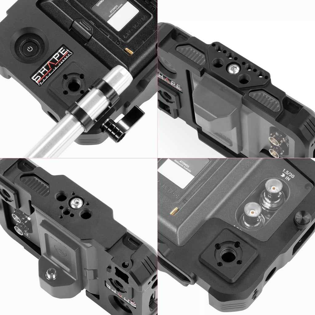 Atomos Shinobi monitor with 15 mm LWS swivel rod clamp 07_SHAPE_Monitor_Cage_with_Swivel_Rod_Clamp_for_Atomos_Shinobi