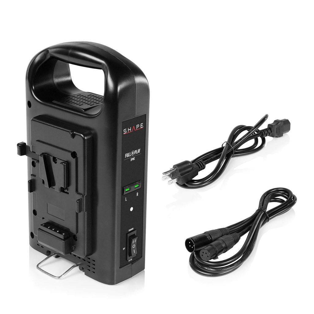 Two FULL PLAY 14.8 V 98 WH rechargeable lithium-ion V-mount batteries with FULL PLAY intelligent dual V-mount battery charger 09_SHAPE_Full_Play_Rechargeable_Batteries_98_Wh_V-Mount__2__with_SHAPE_Full_Play_Intelligent_Dual_Battery_Charger