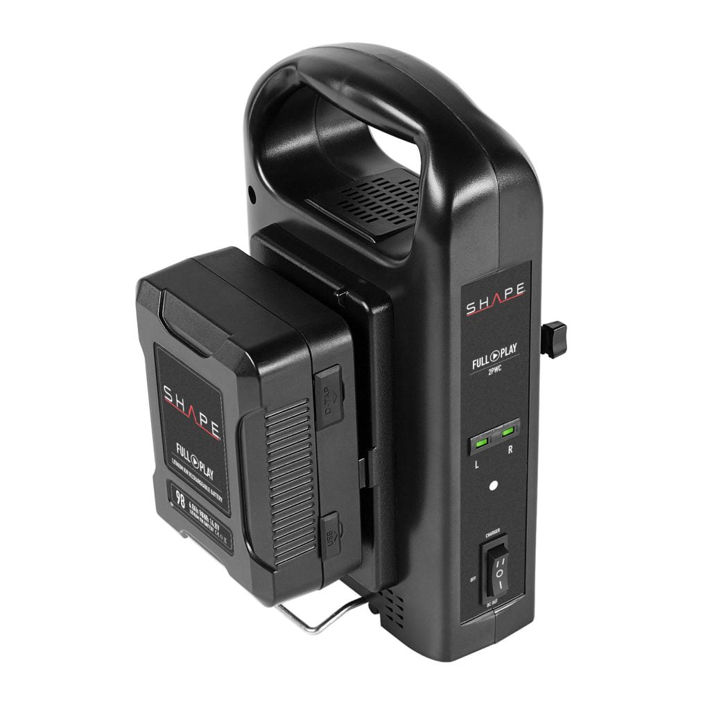 Two FULL PLAY 14.8 V 98 WH rechargeable lithium-ion V-mount batteries with FULL PLAY intelligent dual V-mount battery charger 10_SHAPE_Full_Play_Rechargeable_Batteries_98_Wh_V-Mount__2__with_SHAPE_Full_Play_Intelligent_Dual_Battery_Charger