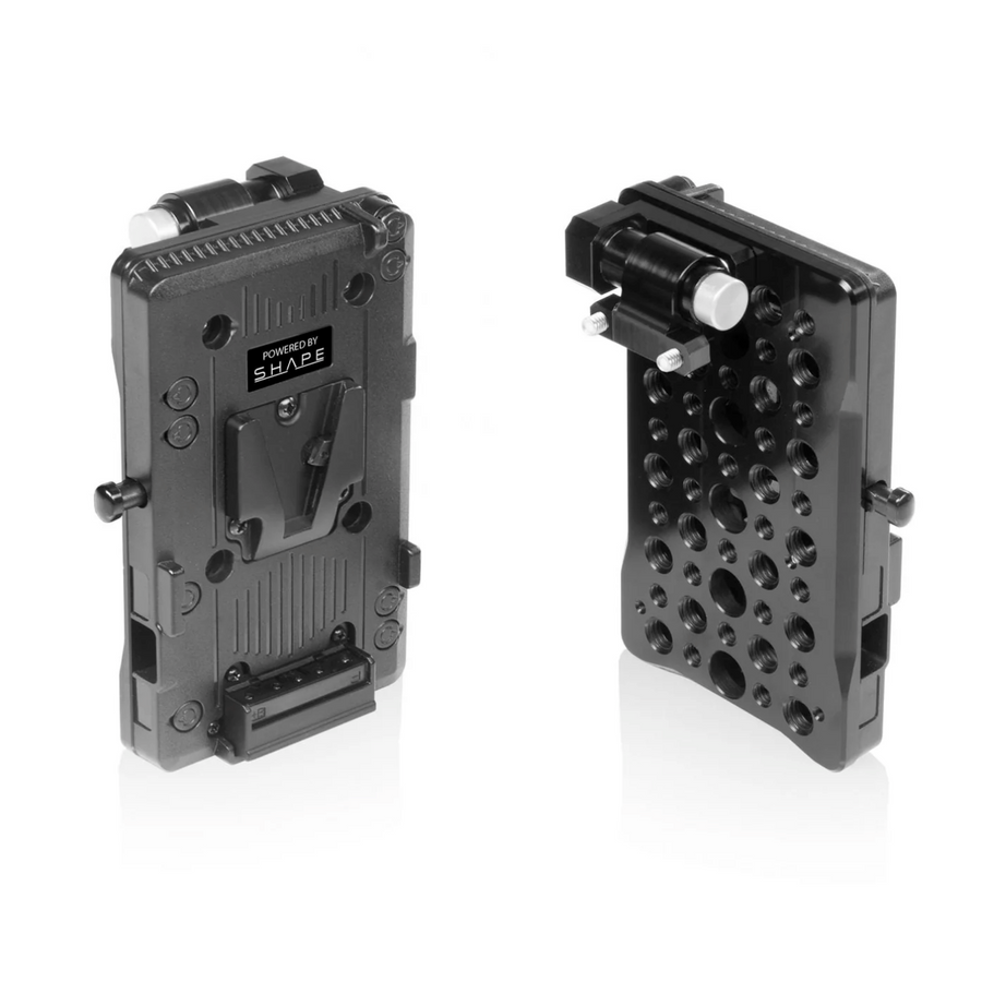V-mount pivoting battery plate for monitor cage
